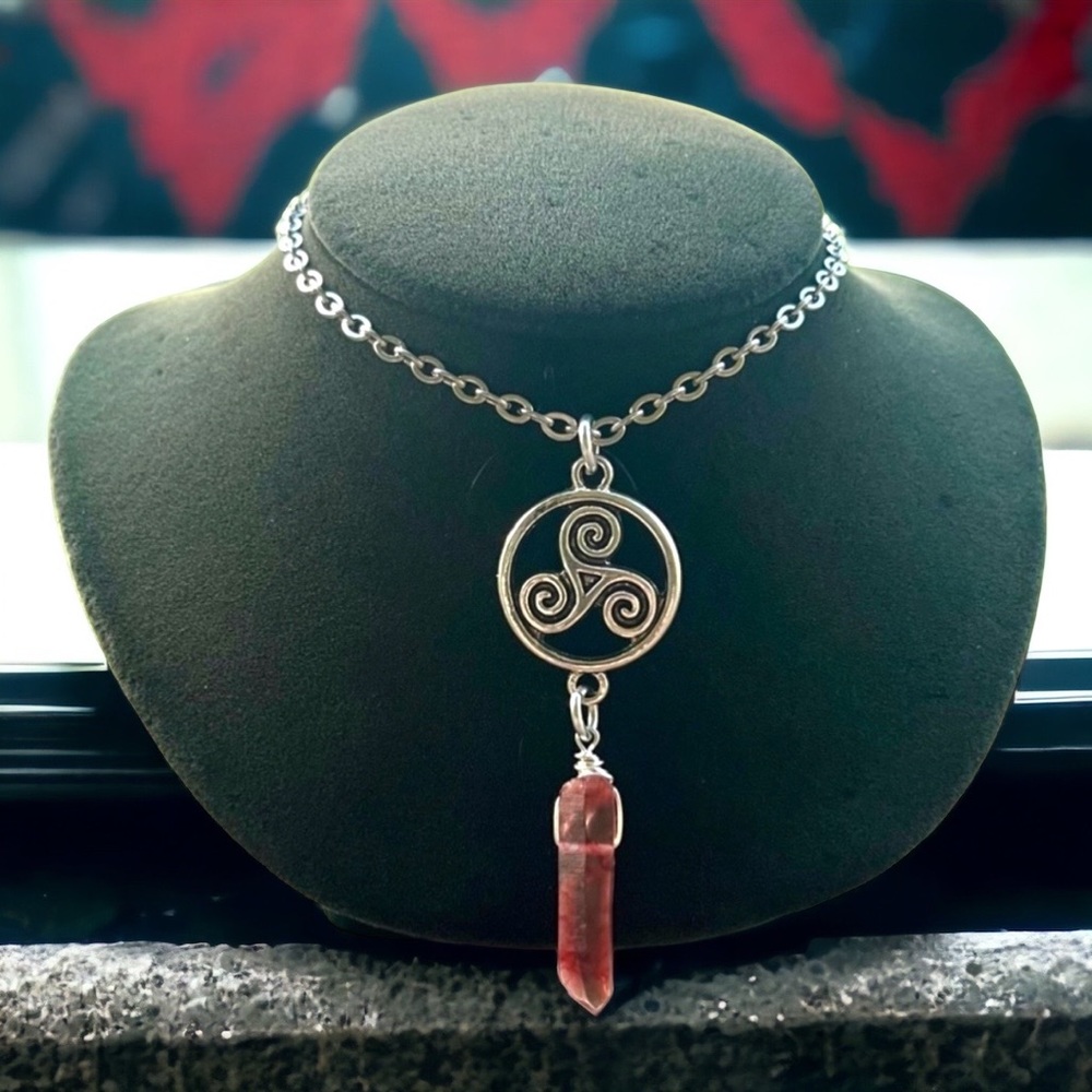 Celtic knot trisquel with red aura blood crystal quartz stainless steel necklace